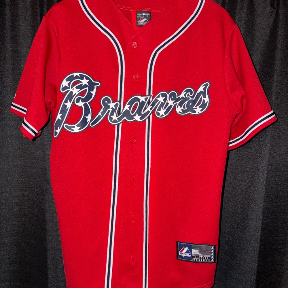 Majestic Braves Red Baseball Jersey with Navy & White Accents